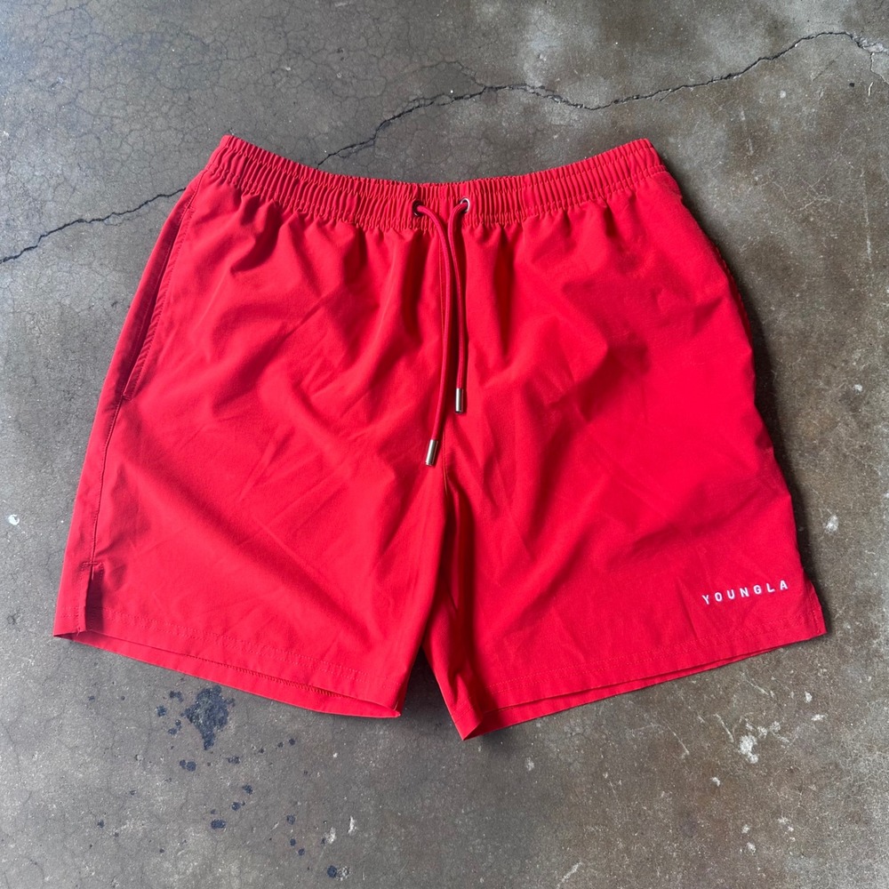 YoungLA Swim Trunks Mens Large Red Excellent Mesh Lined 5.5 Inch Inseam